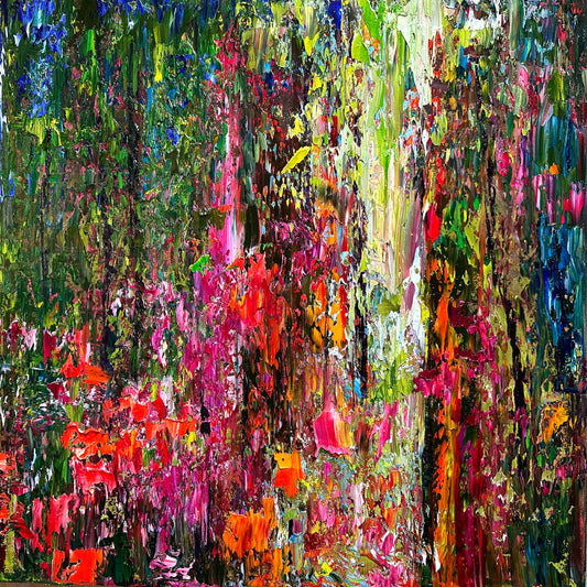 Abstract impressionist oil painting of the light in a forest.